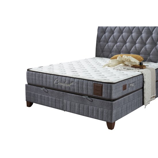 Set Pat + Saltea Comfort, ladă depozitare, somieră rabatabilă, topper confort, structură metal + lemn + PAL, tapițerie stofă premium, 160x200 cm, Gri picture - 5
