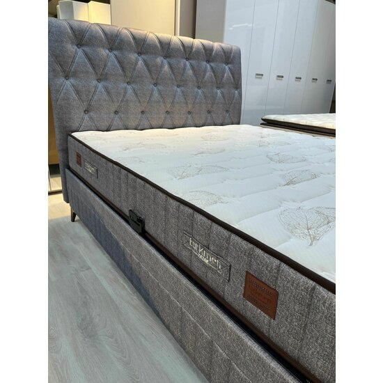 Set Pat + Saltea Comfort, ladă depozitare, somieră rabatabilă, topper confort, structură metal + lemn + PAL, tapițerie stofă premium, 160x200 cm, Gri picture - 12