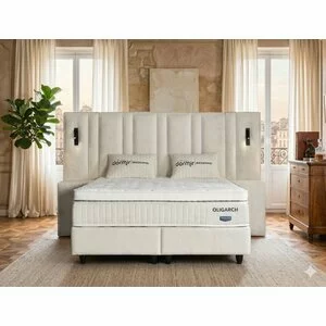 Set Pat+Saltea gratis Oligarch, crem - 140/200 cm, culoare personalizabila, cu somiera rabatabila si lada de depozitare