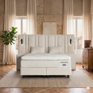 Set Pat+Saltea gratis Oligarch, crem - 140/200 cm, culoare personalizabila, cu somiera rabatabila si lada de depozitare