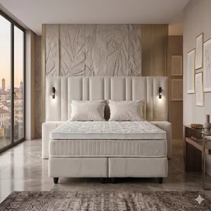 Set Pat+Saltea gratis Oligarch, crem - 180/200 cm, culoare personalizabila, cu somiera rabatabila si lada de depozitare