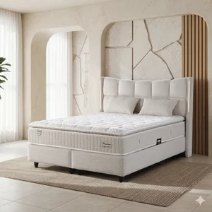 Set Pat+Saltea gratis Pandora, crem - 160/200 cm, culoare personalizabila, cu somiera rabatabila si lada de depozitare
