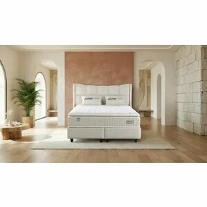 Set Pat+Saltea gratis Pandora, crem - 180/200 cm, culoare personalizabila, cu somiera rabatabila si lada de depozitare