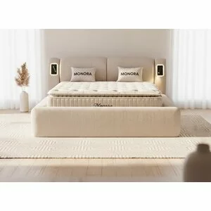 Set pat+Saltea Gratis , tapițat Monora 160x200 cm crem cu somieră rabatabilă si ladă depozitare