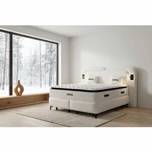 Set pat+Saltea Gratis tapițat Orina 160x200 cm crem cu somieră rabatabilă si  ladă depozitare