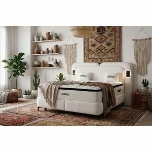 Set pat+Saltea Gratis tapițat Orina 180x200 cm crem cu somieră rabatabilă si  ladă depozitare