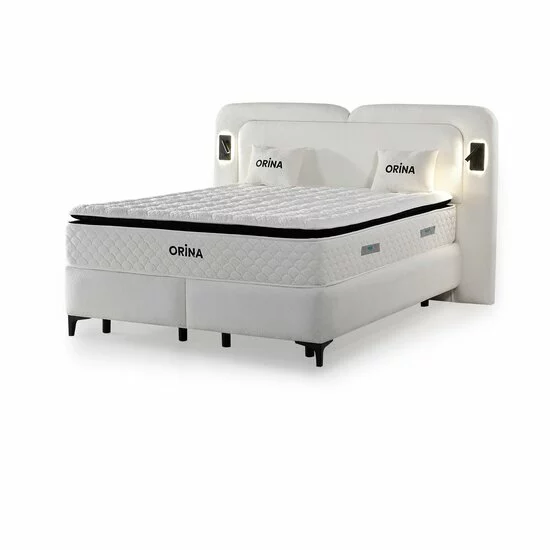 Set pat+Saltea Gratis tapițat Orina 200x200 cm crem cu somieră rabatabilă si  ladă depozitare picture - 2