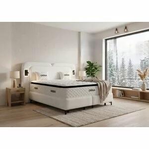 Set pat+Saltea Gratis tapițat Orina 200x200 cm crem cu somieră rabatabilă si  ladă depozitare