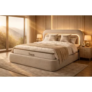 Set pat+saltea GRATIS  tapițat Tosco 160x200 cm crem cu somieră rabatabilă, ladă depozitare