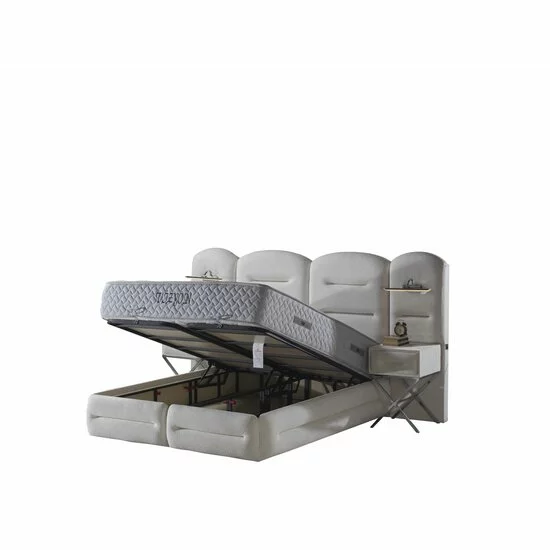 Set pat+Saltea Gratis tapițat Vizyon XXL  140x200 cm crem cu somieră rabatabilă, ladă depozitare picture - 5