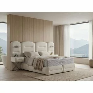 Set pat+Saltea Gratis tapițat Vizyon XXL  180x200 cm crem cu somieră rabatabilă, ladă depozitare