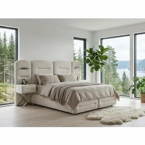 Set pat+Saltea Gratis tapițat Vizyon XXL  200x200 cm crem cu somieră rabatabilă, ladă depozitare