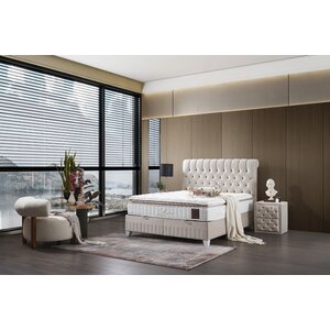 Set Pat + Saltea Lexus, ladă depozitare, topper integrat, structură metal + lemn + PAL, tapițerie stofă premium, 160x200 cm, Bej