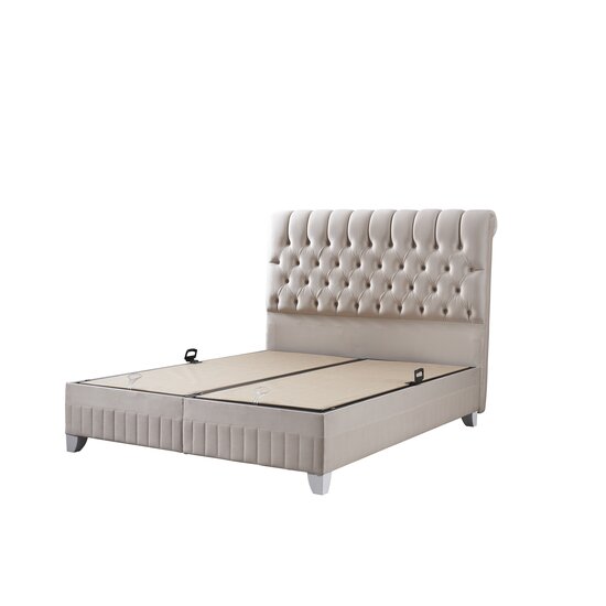 Set Pat + Saltea Lexus, ladă depozitare, topper integrat, structură metal + lemn + PAL, tapițerie stofă premium, 160x200 cm, Bej picture - 3