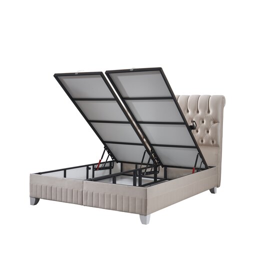 Set Pat + Saltea Lexus, ladă depozitare, topper integrat, structură metal + lemn + PAL, tapițerie stofă premium, 160x200 cm, Bej picture - 4