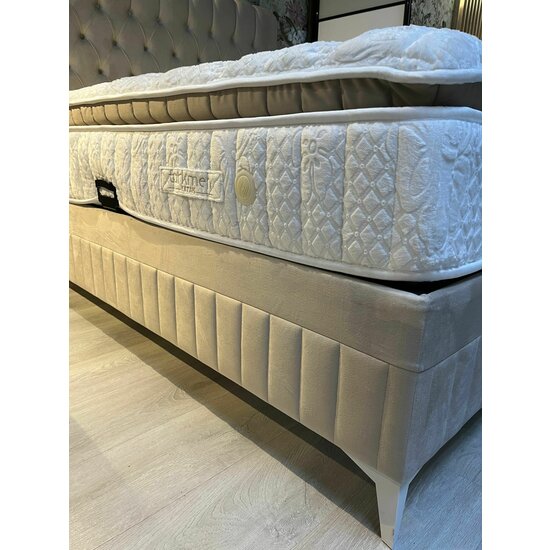 Set Pat + Saltea Lexus, ladă depozitare, topper integrat, structură metal + lemn + PAL, tapițerie stofă premium, 160x200 cm, Bej picture - 9