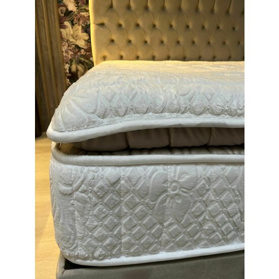 Set Pat + Saltea Lexus, ladă depozitare, topper integrat, structură metal + lemn + PAL, tapițerie stofă premium, 160x200 cm, Bej picture - 11