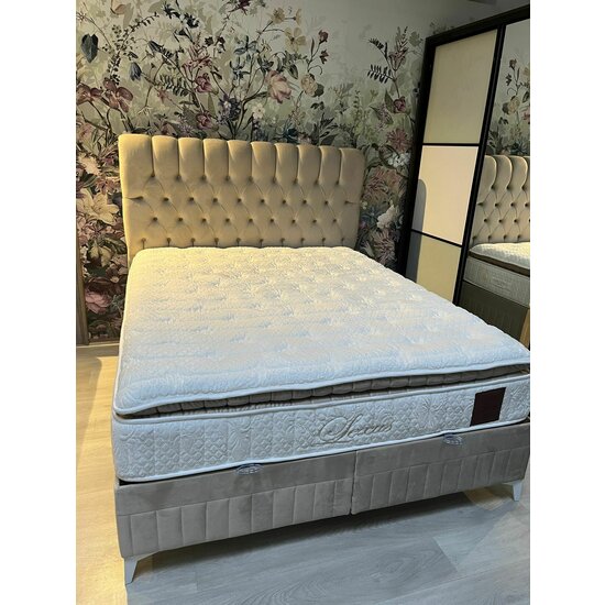 Set Pat + Saltea Lexus, ladă depozitare, topper integrat, structură metal + lemn + PAL, tapițerie stofă premium, 160x200 cm, Bej picture - 7