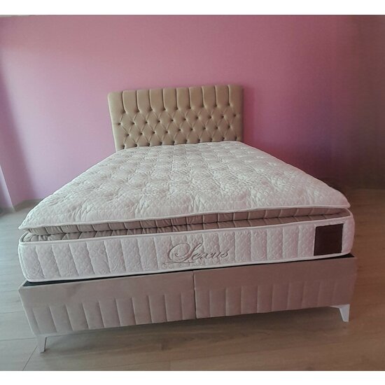 Set Pat + Saltea Lexus, ladă depozitare, topper integrat, structură metal + lemn + PAL, tapițerie stofă premium, 160x200 cm, Bej picture - 15