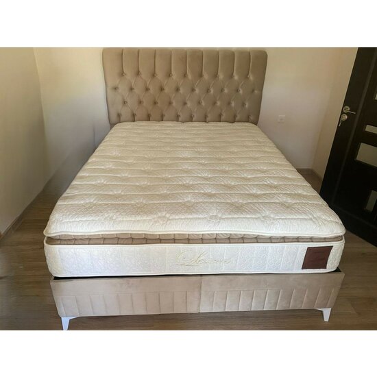 Set Pat + Saltea Lexus, ladă depozitare, topper integrat, structură metal + lemn + PAL, tapițerie stofă premium, 160x200 cm, Bej picture - 13