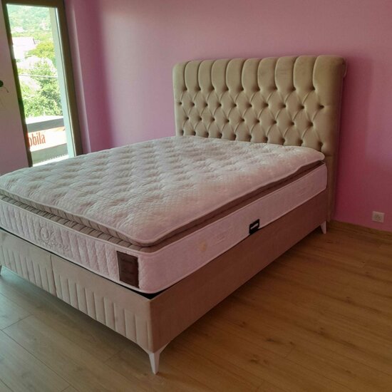 Set Pat + Saltea Lexus, ladă depozitare, topper integrat, structură metal + lemn + PAL, tapițerie stofă premium, 160x200 cm, Bej picture - 14