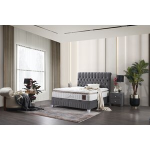 Set Pat + Saltea Lexus, ladă depozitare, topper integrat, structură metal + lemn + PAL, tapițerie stofă premium, 160x200 cm, Gri