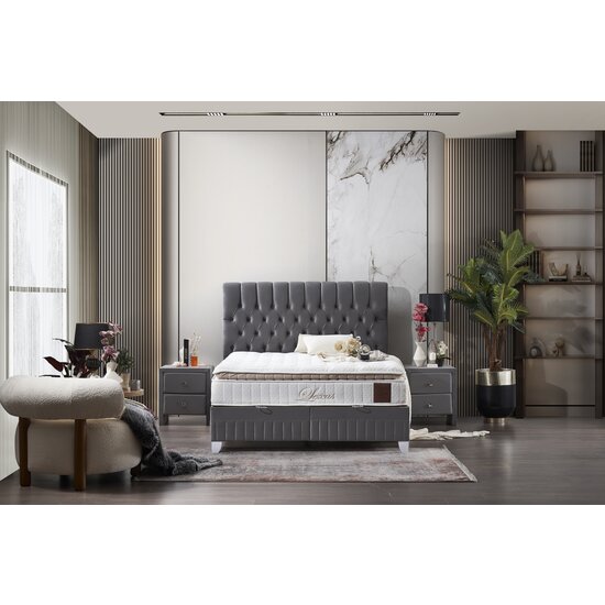 Set Pat + Saltea Lexus, ladă depozitare, topper integrat, structură metal + lemn + PAL, tapițerie stofă premium, 160x200 cm, Gri picture - 2