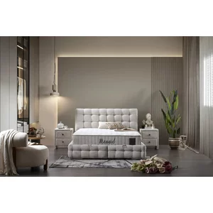 Set Pat + Saltea Monart Cu Ladă Depozitare, Stofă Premium, 160x200 cm, Crem