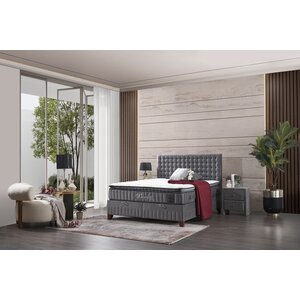 Set Pat + Saltea Wooly, ladă depozitare, design modern, topper inclus, structură metal + lemn + PAL, tapițerie stofă premium, 160x200 cm, Gri