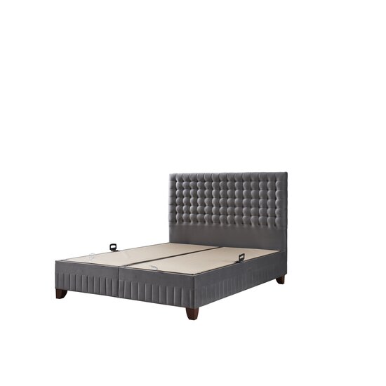 Set Pat + Saltea Wooly, ladă depozitare, design modern, topper inclus, structură metal + lemn + PAL, tapițerie stofă premium, 160x200 cm, Gri picture - 2