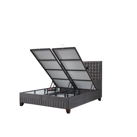 Set Pat + Saltea Wooly, ladă depozitare, design modern, topper inclus, structură metal + lemn + PAL, tapițerie stofă premium, 160x200 cm, Gri picture - 6