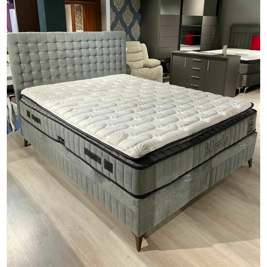 Set Pat + Saltea Wooly, ladă depozitare, design modern, topper inclus, structură metal + lemn + PAL, tapițerie stofă premium, 160x200 cm, Gri picture - 8