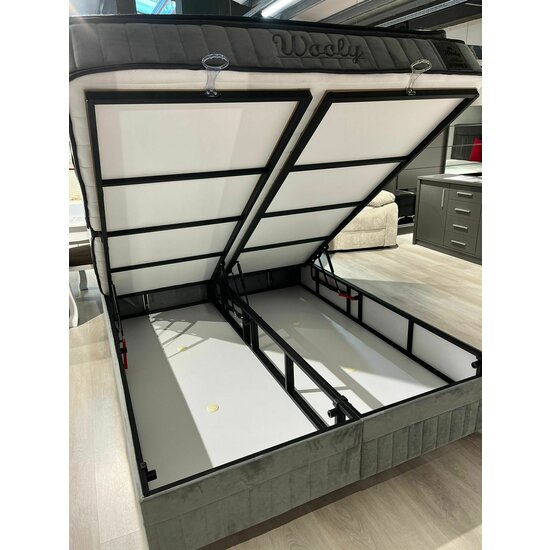 Set Pat + Saltea Wooly, ladă depozitare, design modern, topper inclus, structură metal + lemn + PAL, tapițerie stofă premium, 160x200 cm, Gri picture - 12