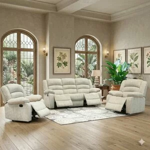 Set recliner Relax 3+1+1, canapea și două fotolii cu funcție de relaxare, tapițerie catifelată, bej