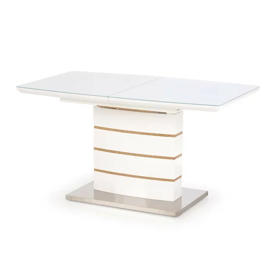 Masă Toronto extensibilă, MDF lucios, furnir natural și sticlă, 140-180x80x76 cm, alb/stejar auriu picture - 2
