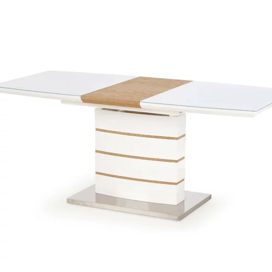 Masă Toronto extensibilă, MDF lucios, furnir natural și sticlă, 140-180x80x76 cm, alb/stejar auriu picture - 3