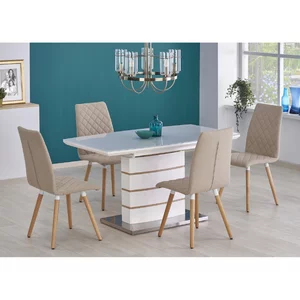 Masă Toronto extensibilă, MDF lucios, furnir natural și sticlă, 140-180x80x76 cm, alb/stejar auriu