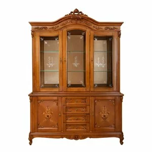 Vitrină 3 uși Principesa cu spate oglindă, design rafinat, lemn masiv paltin + MDF furniruit, 177x43x158 cm, nuc