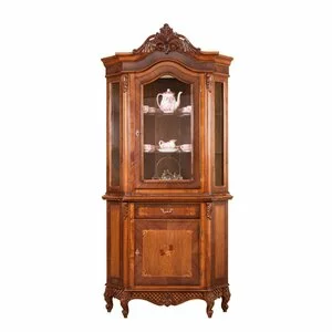 Set vitrină și bufet colț Milly din lemn masiv fag, panel și MDF, furniruit cu furnir de nuc, 103x55x135 cm