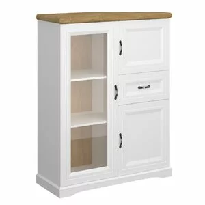 Vitrină RIVA REG 1W2D1S, Alb cu Top Natur, 1 Ușă Sticlă, 133 cm