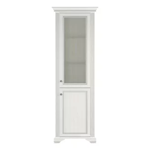 Vitrină White 1D1W, design clasic cu cornisa sculptată, MDF frezat și PAL melaminat, balamale Hafele și mânere metalice, 76x43x221 cm, frasin alb/pin argintiu