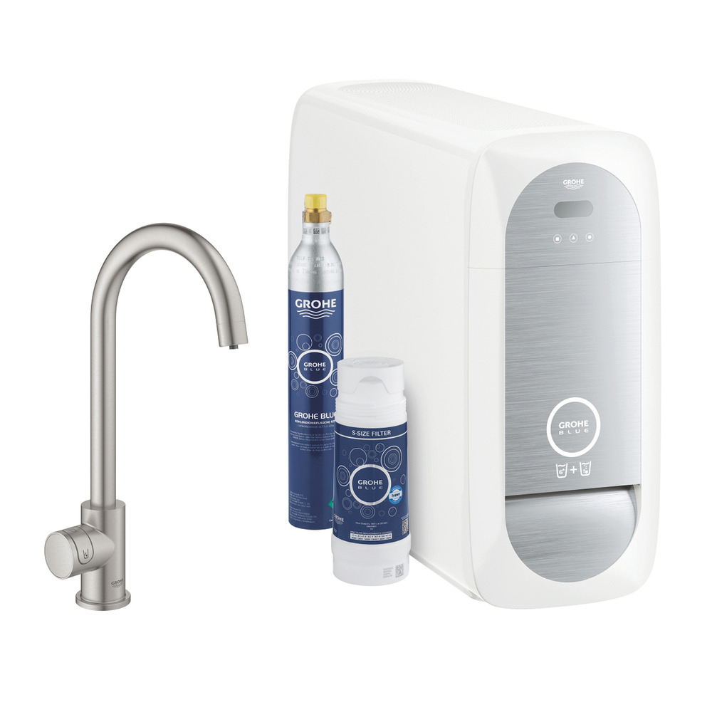 Baterie bucatarie Grohe Blue Home Mono crom periat Supersteel pipa tip C si Starter Kit Baterie