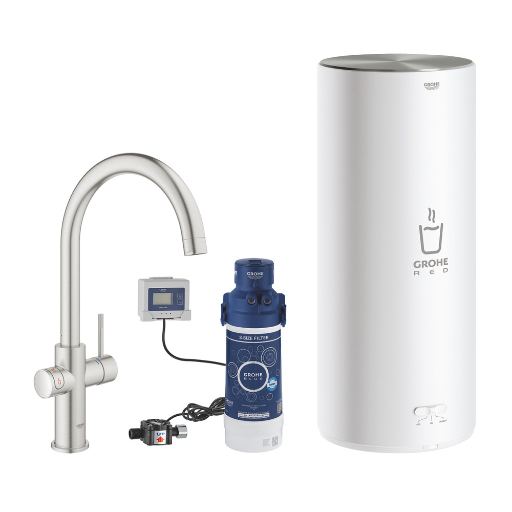 Baterie bucatarie Grohe Red Duo crom periat Supersteel pipa tip C si boiler marimea L (tip