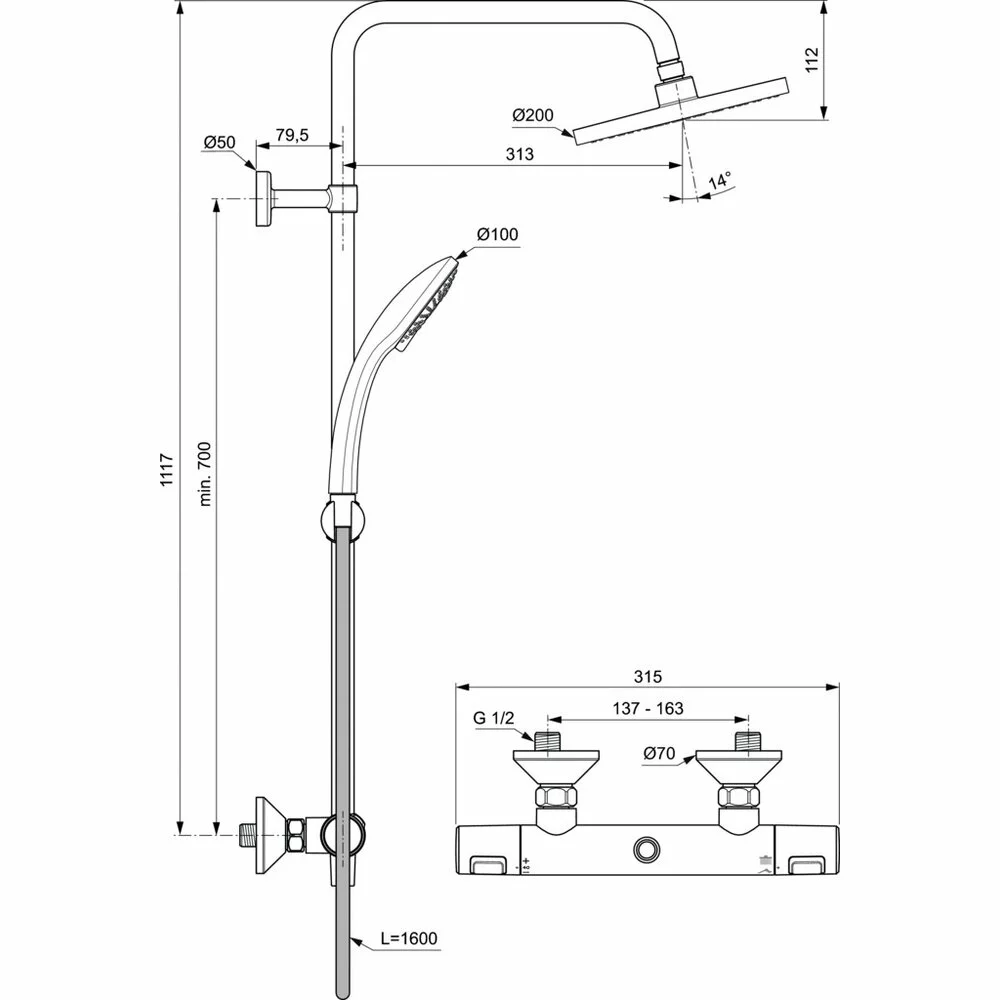 Coloana de dus cu baterie termostatata Ideal Standard Ceratherm