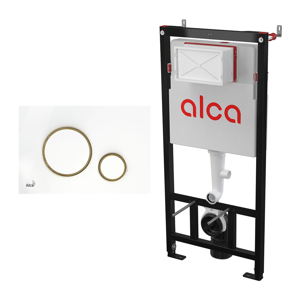 Set rezervor WC cu cadru incastrat Alcadrain AM101/1120 si clapeta de actionare Thin M775 alb – auriu lucios actionare