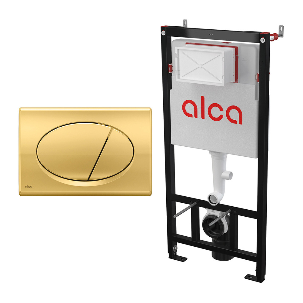 Set rezervor WC cu cadru incastrat Alcadrain AM101/1120 si clapeta de actionare Basic M75 auriu lucios Alcadrain