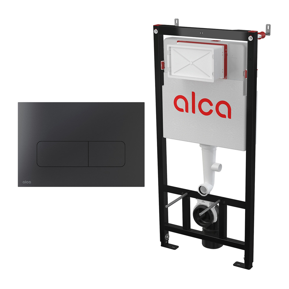 Set rezervor WC cu cadru incastrat Alcadrain AM101/1120 si clapeta de actionare Flat MOON-BLACK negru mat actionare