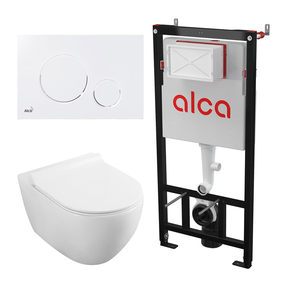 Set rezervor WC cu cadru incastrat Alcadrain AM101/1120 si clapeta M676 alb mat plus vas WC Fluminia Minerva cu capac softclose alb Alb