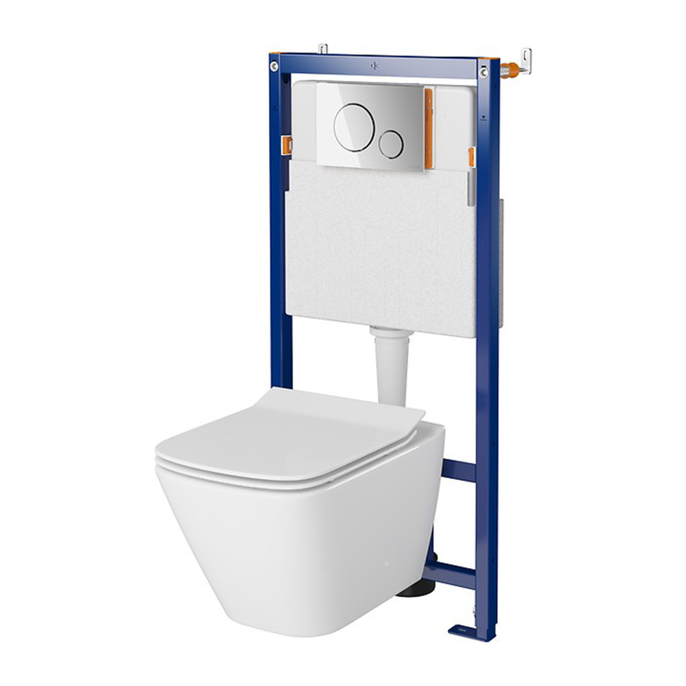 Set rezervor WC cu cadru B602 Cersanit Tech Line Opti si clapeta B2 crom plus vas WC City cu capac alb Cersanit