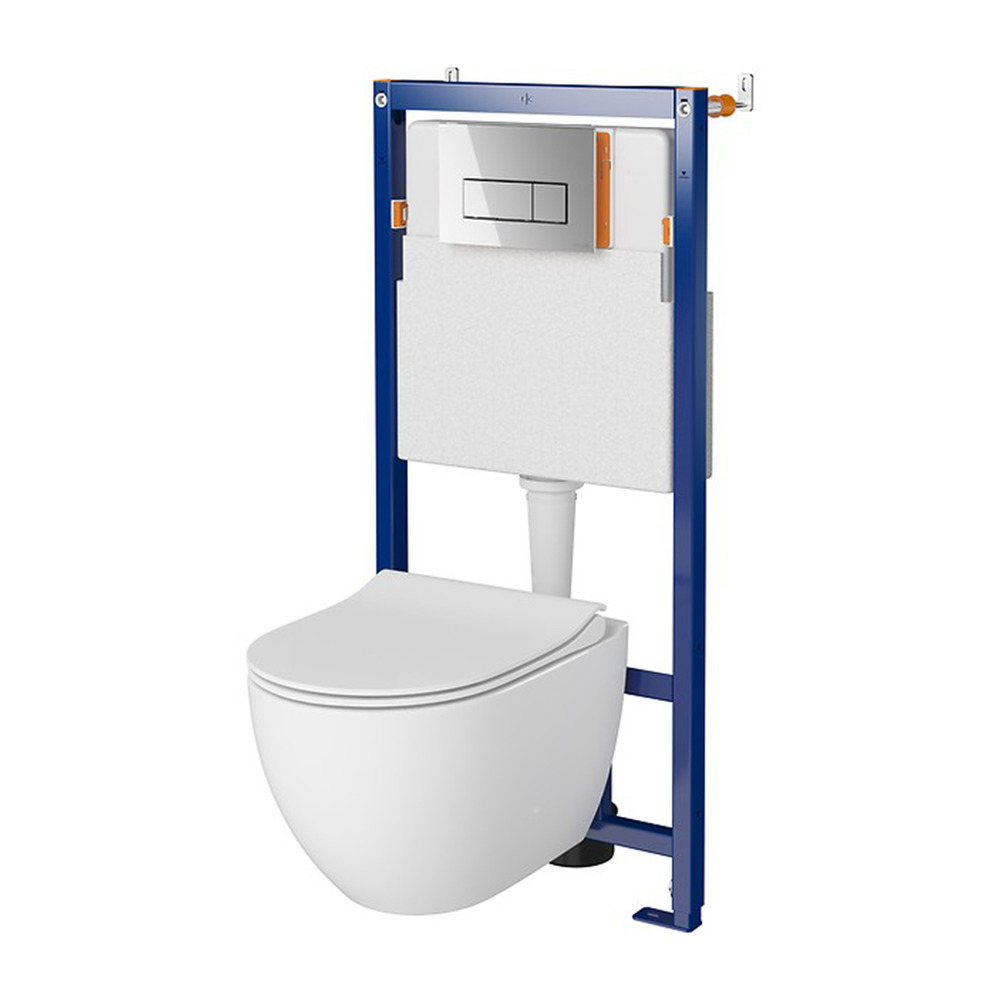 Set rezervor WC cu cadru B603 Cersanit Tech Line Opti si clapeta B1 crom plus vas WC Zen cu capac alb alb